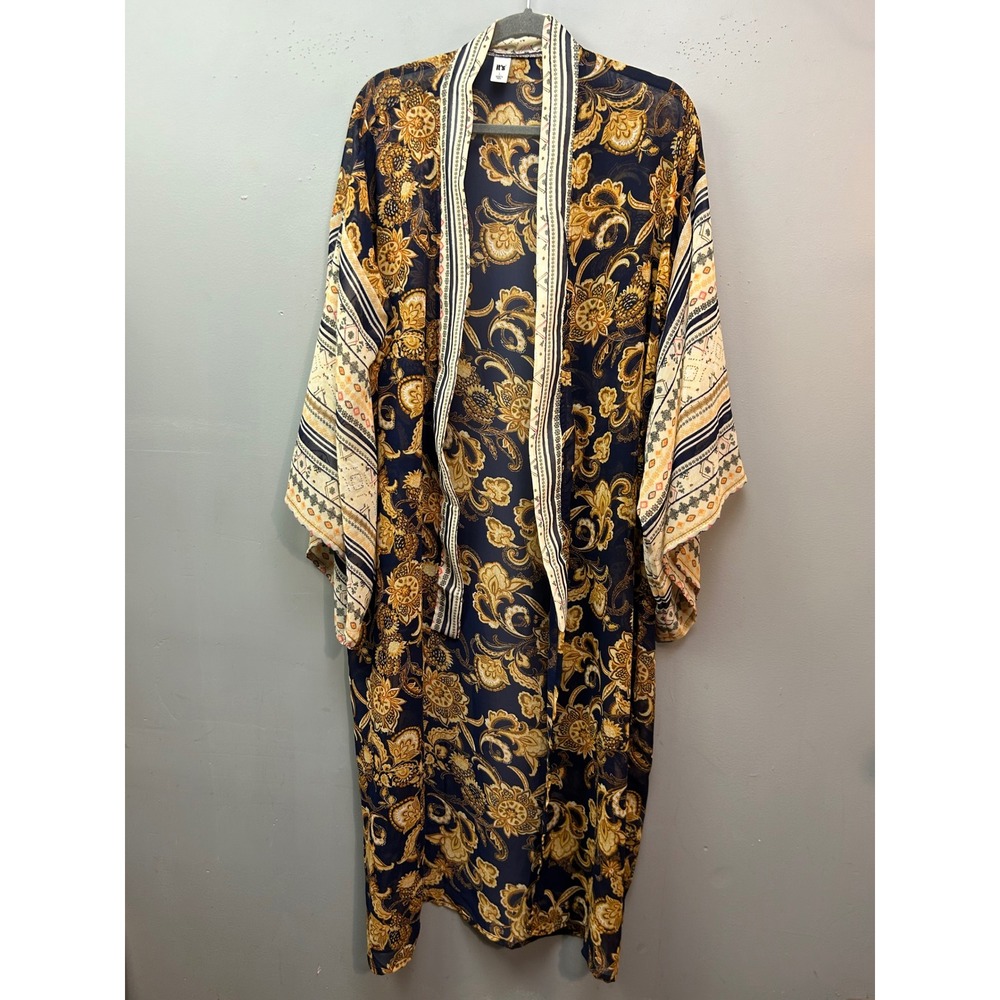 It's Kimono Duster Women Large Navy Gold Paisley Floral Open Front‎ Boho